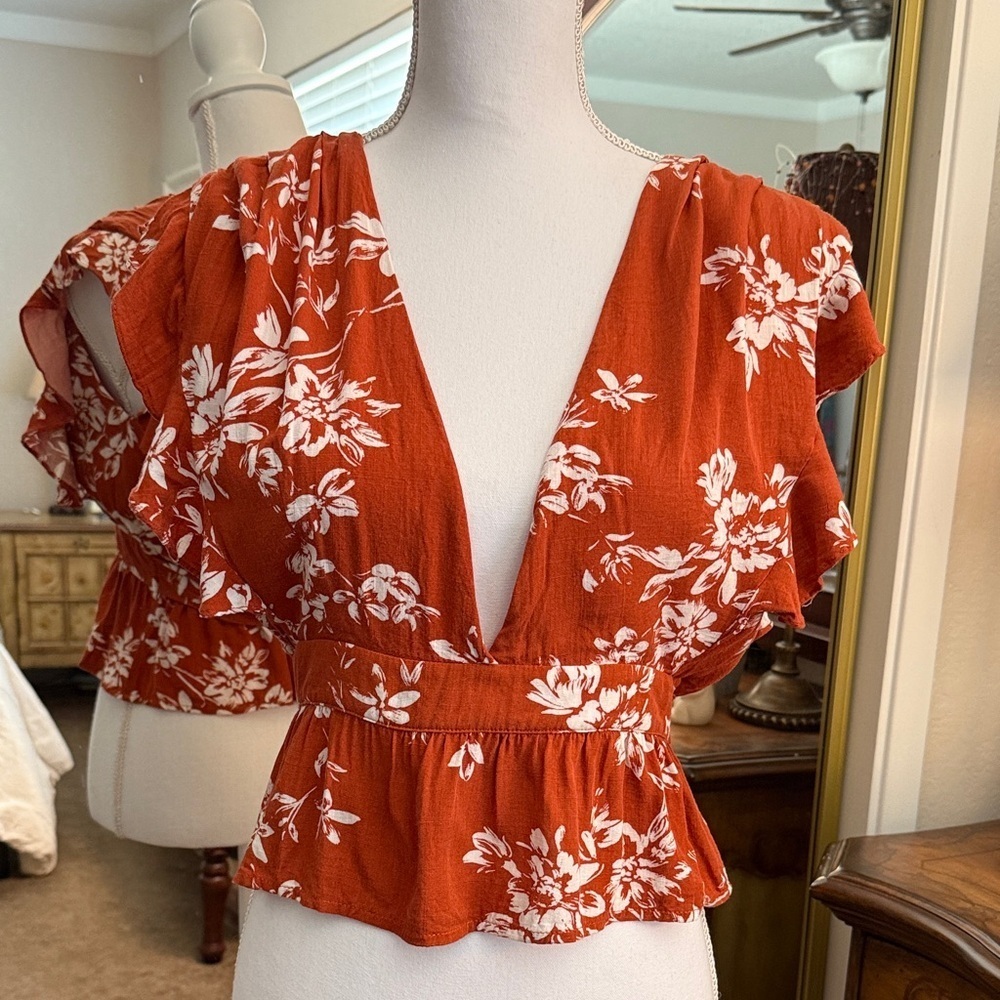 MINKPINK Rust Floral Ruffle Blouse